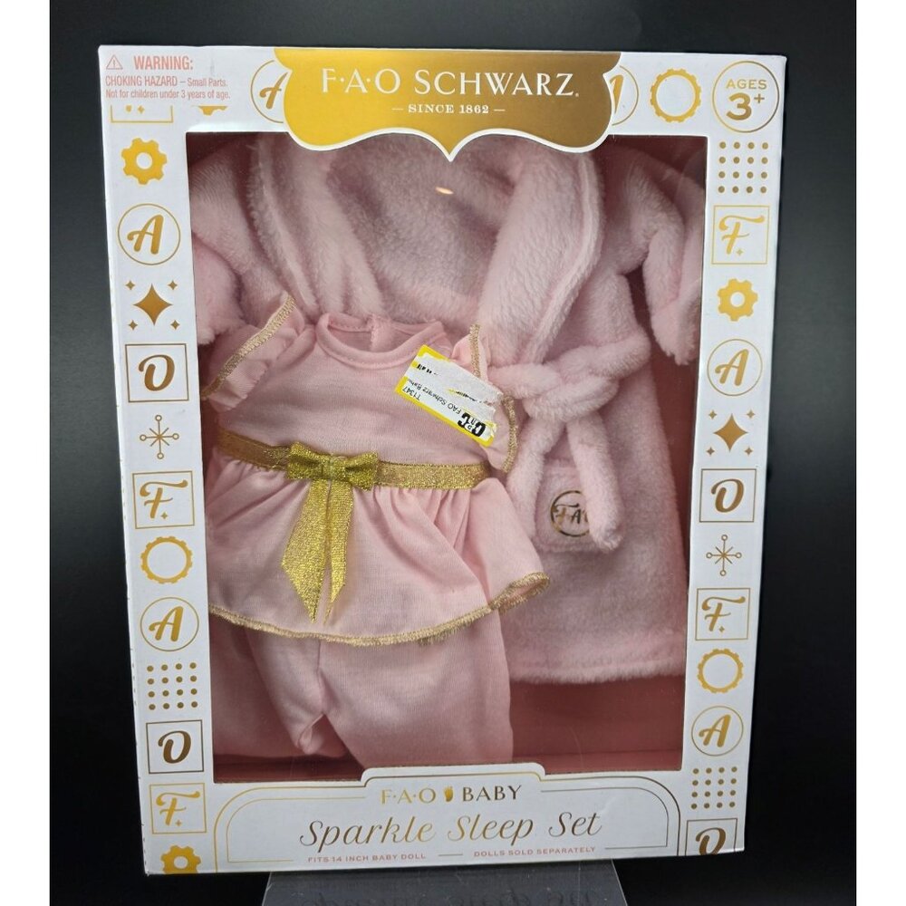 FAO Schwarz Baby Sparkle Sleep Set 14-Inch Baby Doll Outfit Pink With Gold Accen